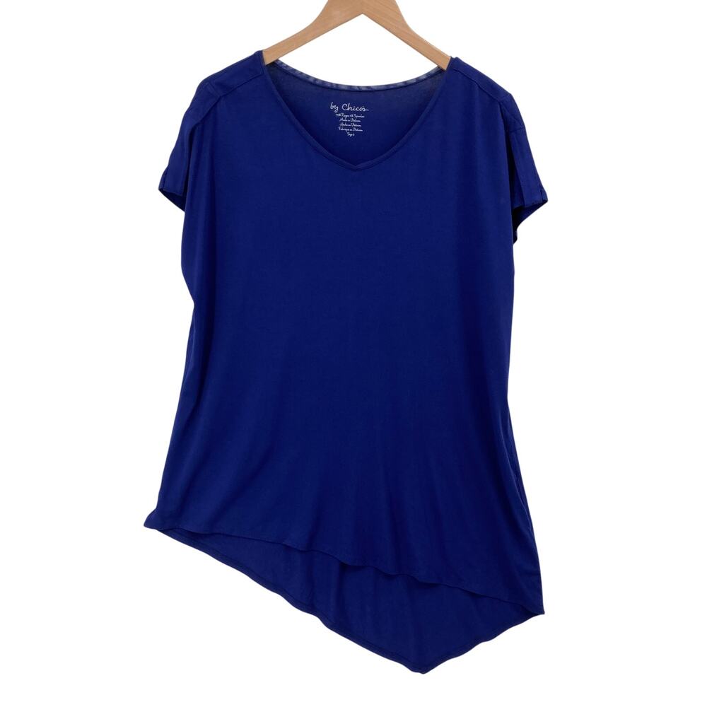 Chico's Womens Size 3 XL Blue V Neck Asymmetrical Hem Tunic Top NWT Rayon